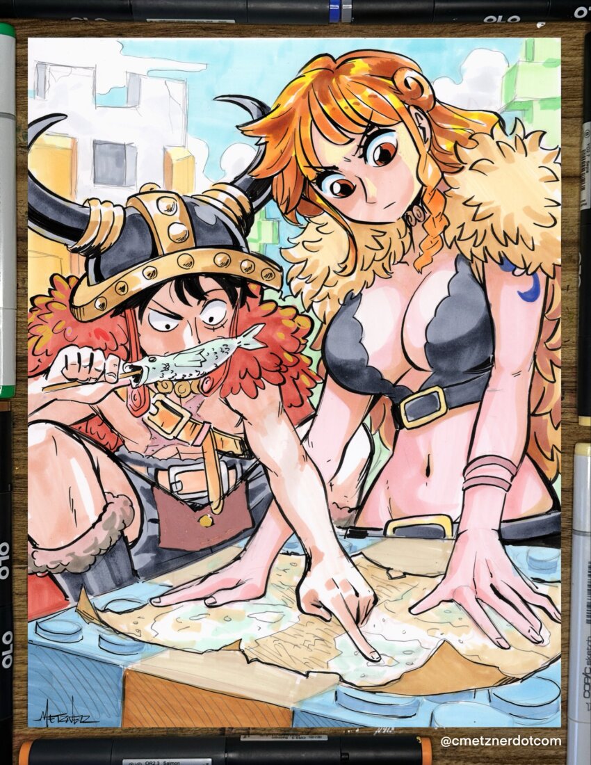 1boy, 1girl, 2026, belt, belt_buckle, black_hair, blue_sky, bracelet