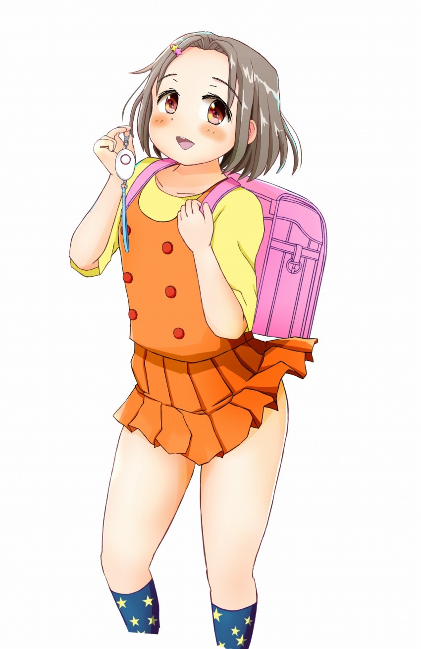 1girl, :d, backpack, bag, blush, brown_eyes, commentary_request, cosplay, crime_prevention_buzzer, cropped_legs, hair_ornament, hairclip, harukaze_noa, harukaze_noa_(cosplay), highres, idol_wars, loli, miu_pal, open_mouth, orange_skirt, orange_vest, print_socks, randoseru, shirt, short_hair, short_sleeves, skirt, smile, socks, standing, star_(symbol), star_print, vest, yellow_shirt