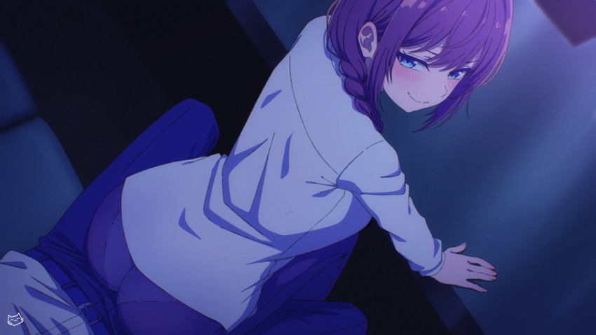 1boy, 1girl, artist_logo, ass, belt, blue_eyes, blush, braid, commentary, couch, from_above, hair_over_shoulder, highres, indoors, inohana_rikka, keihh, logo, long_hair, long_sleeves, low_side_ponytail, mayonaka_heart_tune, naughty_face, paid_reward_available, panties, panties_under_pantyhose, pantyhose, pussyjob, side_ponytail, single_braid, sitting_between_legs, smile, table, underwear