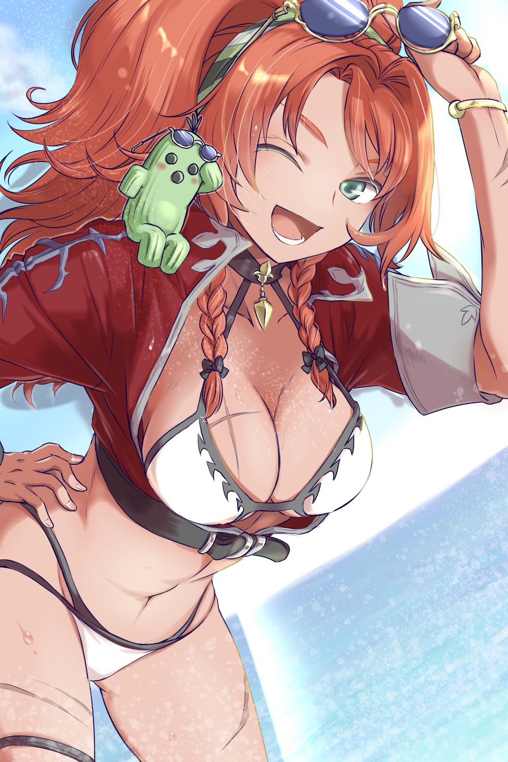 1girl, ;d, bikini, breasts, cleavage, commentary_request, eyewear_on_head, final_fantasy