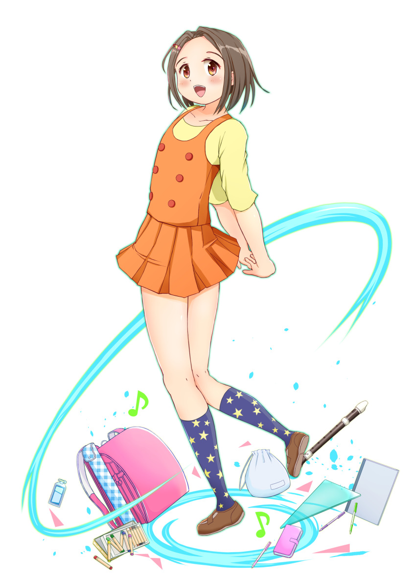 :d, absurdres, arms_behind_back, backpack, bag, blush, brown_hair, brown_shoes