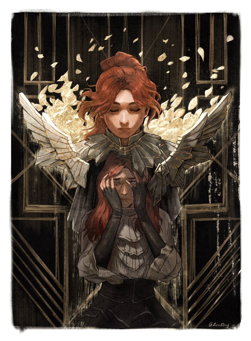 2girls, absurdres, ascot, black_skirt, blue_eyes, border, brown_hair, burn_scar