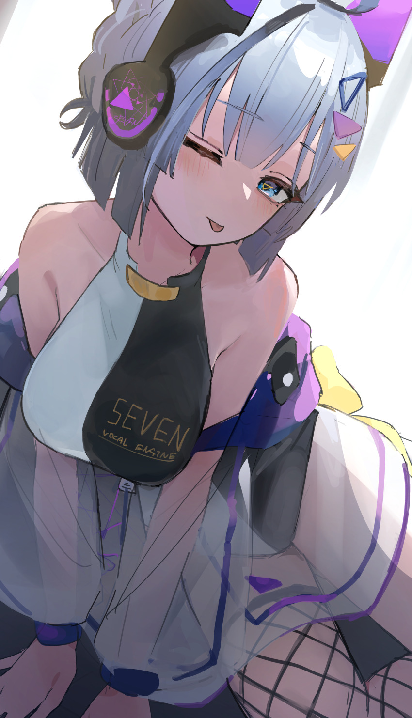 1girl, absurdres, arm_support, armpit_crease, bare_shoulders, blue_eyes, breasts, breasts_squeezed_together