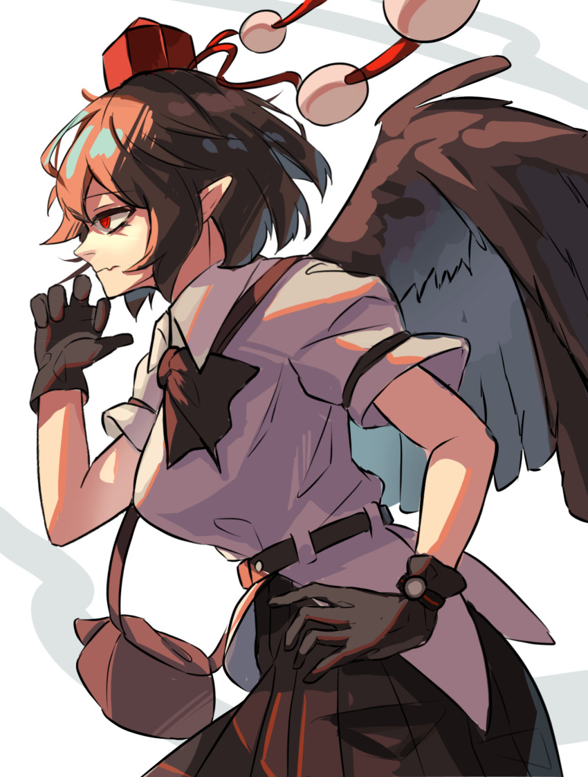 1girl, ametonalu, bag, belt, bird_girl, bird_wings, black_belt, black_gloves