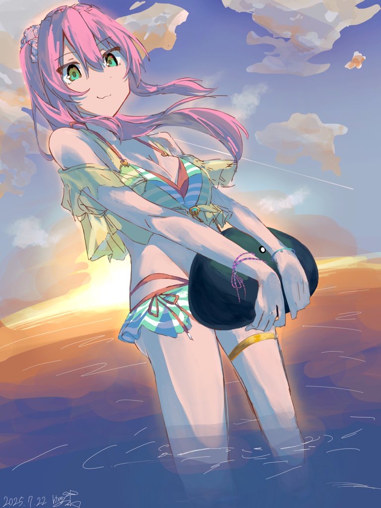 1girl, 1other, aikawa_megumi, aikawa_megumi_(neverending_summer), beach, bracelet, breasts, commentary_request, green_eyes, heaven_burns_red, htpny, jewelry, medium_breasts, narby_(heaven_burns_red), pink_hair, swimsuit, thigh_strap