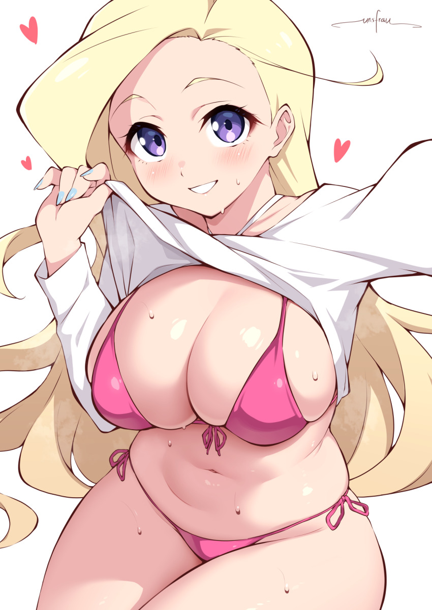1girl, bikini, bilingual_commentary, blonde_hair, blue_nails, blush, breasts, clothes_lift