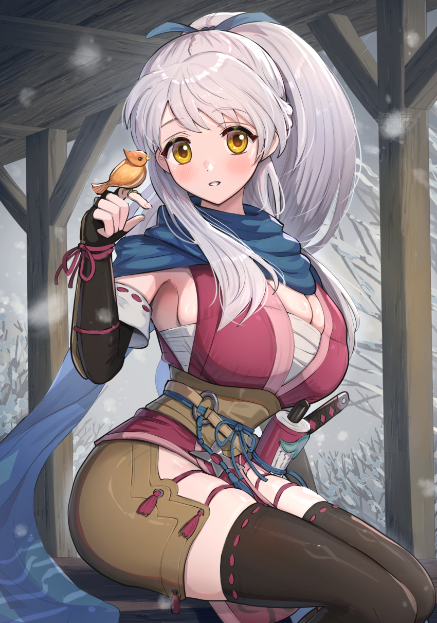 1girl, absurdres, arm_guards, armpits, bird, bird_on_hand, black_gloves, black_thighhighs