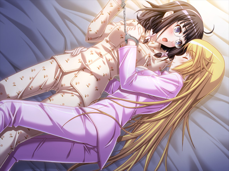 2girls, bed_sheet, blonde_hair, blue_eyes, blush, brown_hair, closed_eyes, cuffs, game_cg, glasses, hand_on_own_hip, handcuffs, hasumi_elan, hip_focus, kanzaki_karen, long_hair, lying, meitantei_shikkaku_na_kanojo, morning_after, multiple_girls, pajamas, short_hair, smile, tachibana_konoha, yuri