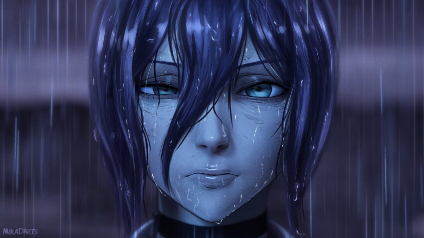 1girl, absurdres, artist_name, chainsaw_man, choker, close-up, dim_lighting, hashtag-only_commentary