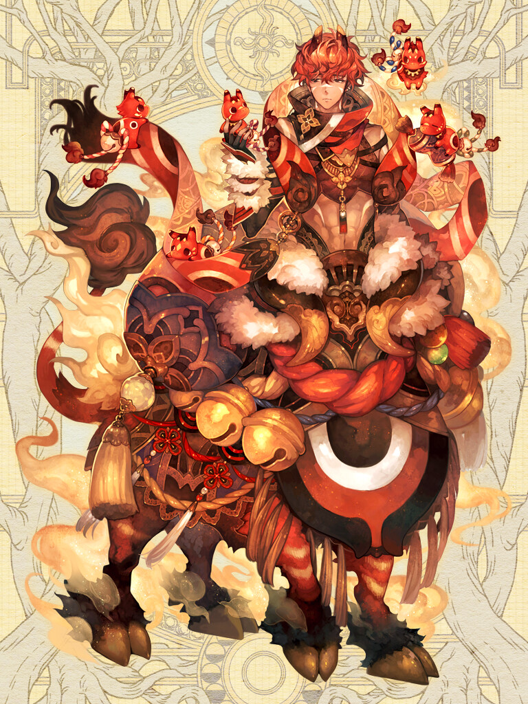 1boy, abs, akabeko, bell, brown_eyes, brown_shirt, centauroid, cow_boy, creature, crop_top, dairoku_ryouhei, dark-skinned_male, dark_skin, fire, full_body, fur-tipped_tail, high_collar, holding, holding_creature, hooves, horns, jingle_bell, looking_at_creature, looking_to_the_side, male_focus, monster_boy, noranezu, red_hair, red_shawl, rope, shawl, shimenawa, shirt, short_hair, sleeveless, solo, standing, tassel, taur, toned, toned_male, yellow_background