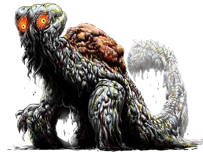 1boy, alien, colored_sclera, dripping, giant, giant_monster, glowing, glowing_eyes