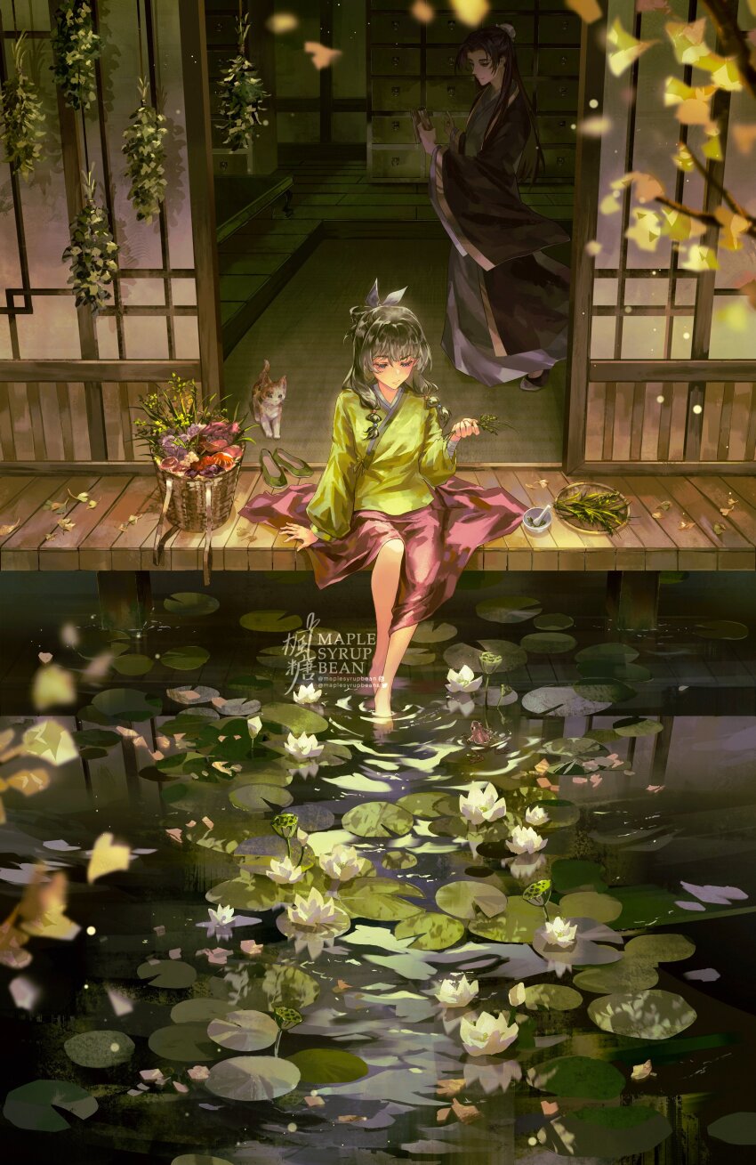 1boy, 1girl, absurdres, aoqun, architecture, artist_name, bamboo_slips, bandaged_wrist