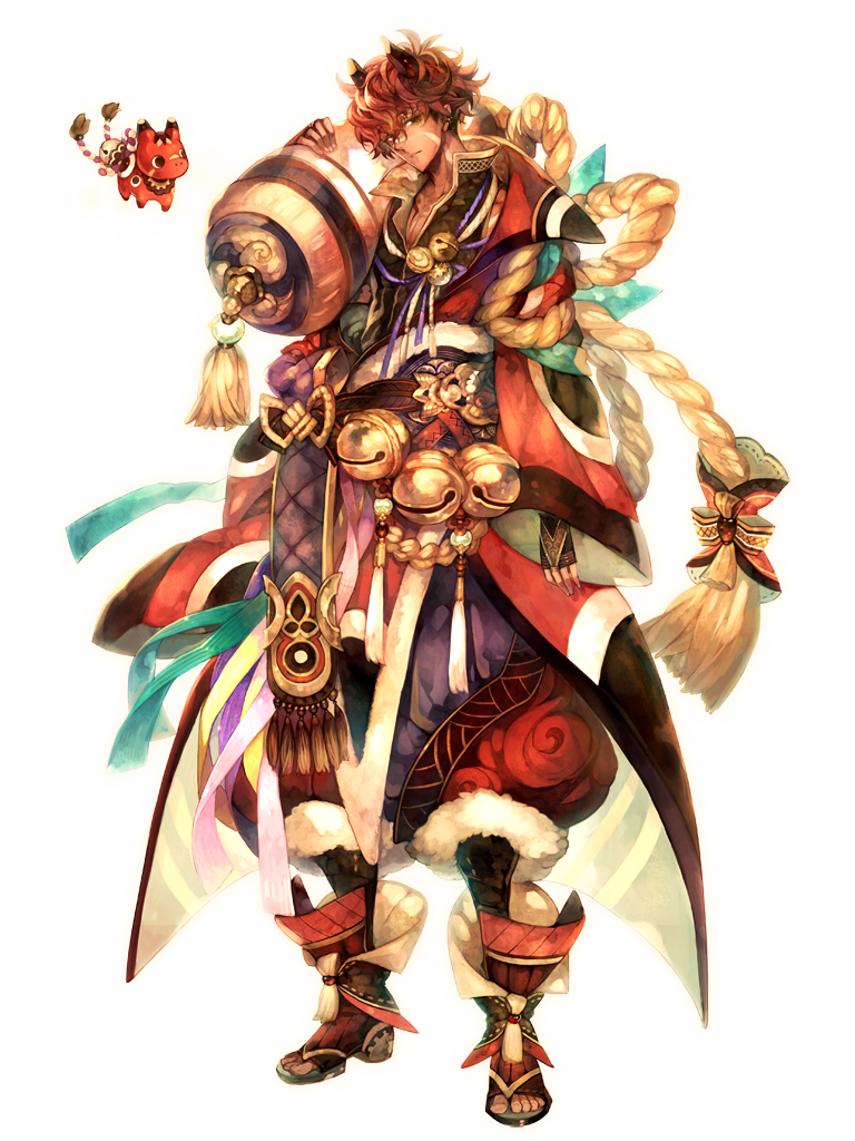 1boy, bell, dairoku_ryouhei, full_body, horns, male_focus, noranezu, red_hair, rope, solo, standing, toeless_legwear, transparent_background