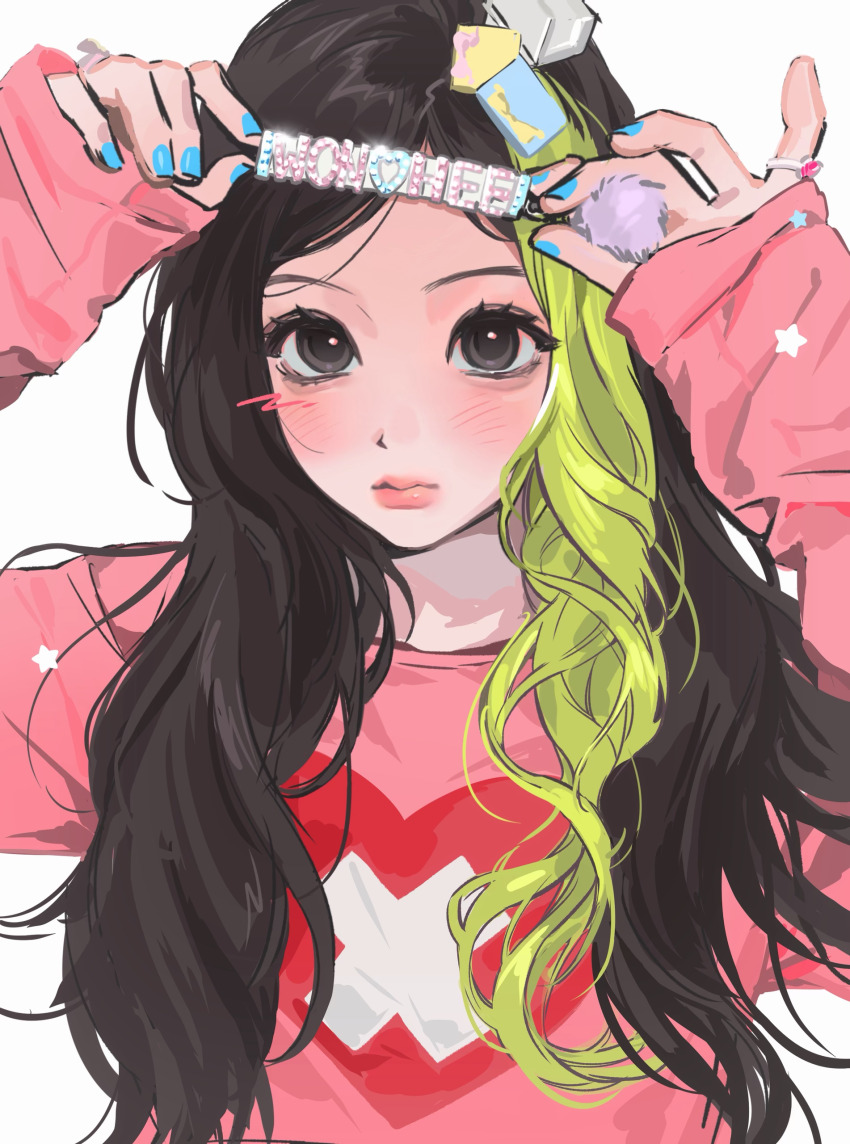 1girl, absurdres, aegyo_sal, aqua_nails, arms_up, black_eyes, blush, brown_hair, character_name, chinese_commentary, commentary_request, green_hair, hair_ornament, hairclip, highres, illit, jewelry, k-pop, lingpaoshuli, lips, long_hair, loose_hair_strand, multicolored_hair, parted_bangs, pink_sweater, print_sweater, real_life, ring, simple_background, sleeves_past_wrists, solo, sweater, tareme, upper_body, wavy_hair, white_background, wonhee_(illit)