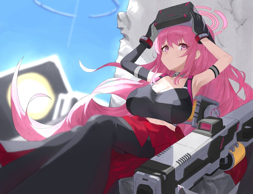 1girl, absurdres, black_gloves, black_pants, black_sports_bra, blue_archive, blue_sky, breasts, cleavage, commentary_request, eimi_(armed)_(blue_archive), eimi_(blue_archive), elbow_gloves, gloves, grey_sports_bra, halo, head-mounted_display, herakuchi, highres, huge_breasts, large_breasts, light_blush, long_hair, looking_at_viewer, official_alternate_costume, pants, parted_lips, pink_eyes, pink_hair, pink_halo, railgun, sideways_glance, single_elbow_glove, sky, solo, sports_bra, visor_lift