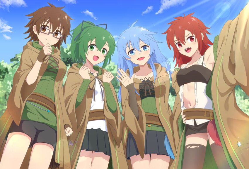 4girls, absurdres, aussa_(yu-gi-oh!), aussa_the_earth_charmer, bare_shoulders, black_shorts, black_skirt, black_thighhighs