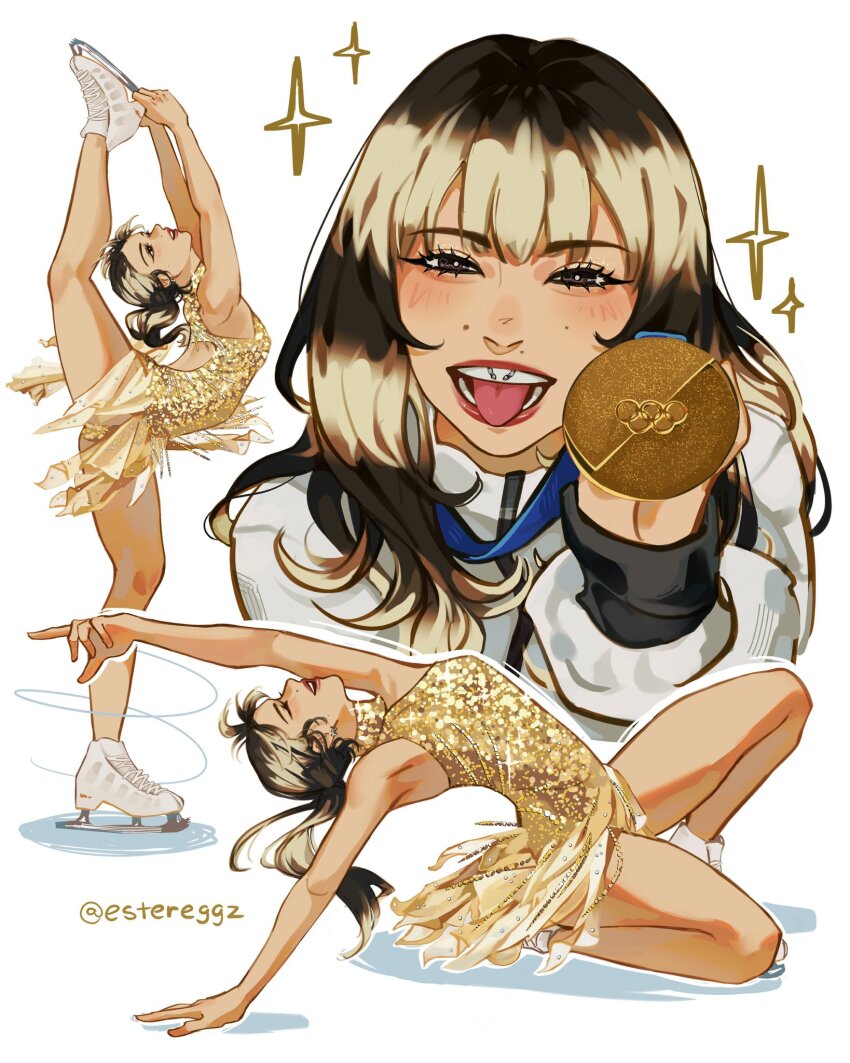 1girl, 2026_winter_olympics, alysa_liu, blonde_hair, brown_hair, dress, estereggz, figure_skating, figure_skating_dress, gold_dress, gold_medal, highres, ice_skates, leg_up, multicolored_hair, multiple_views, olympics, open_mouth, real_life, skates, smile, tongue, tongue_out, two-tone_hair