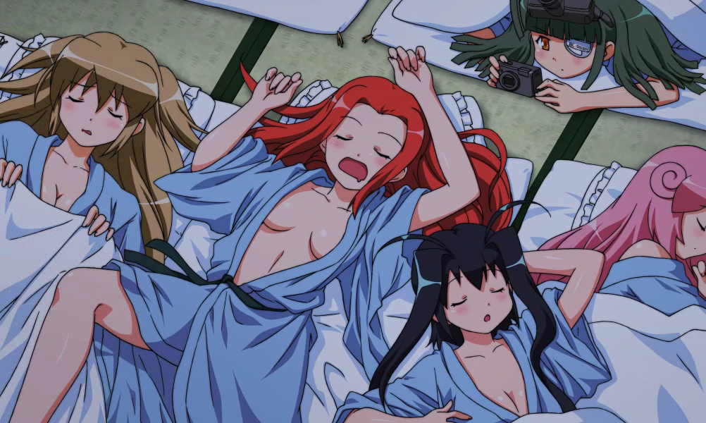 5girls, antenna_hair, aoba_anoa, blanket, blue_hair, blush, brown_hair, camera, diol_twee, erul_tron, eyepatch, futon, goggles, goggles_on_head, green_hair, hanafuuma_gesshi, japanese_clothes, kimono, multiple_girls, non-web_source, orange_eyes, otomedius, otomedius_excellent, pillow, pink_hair, red_hair, sleeping, tatami, tita_nium, yukata