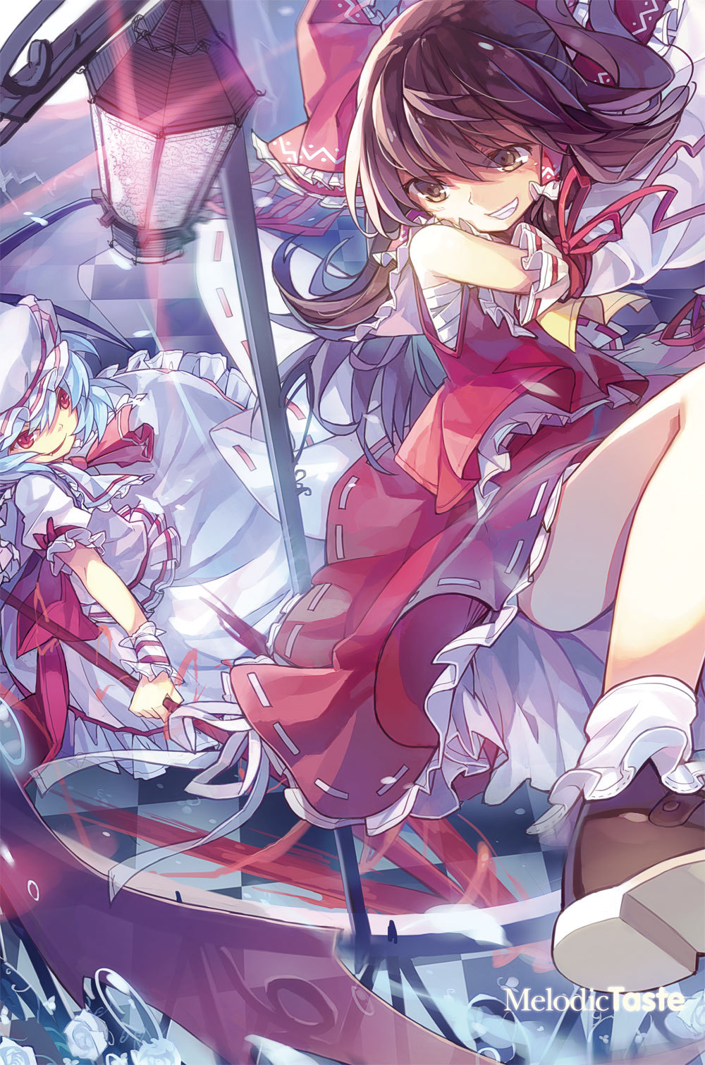 2girls, ascot, battle, blue_hair, bow, brown_eyes, brown_hair, brown_shoes