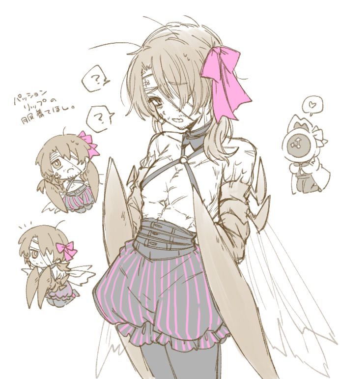 1boy, 1other, ?, absurdres, antennae, arthropod_boy, arthropod_limbs, bags_under_eyes, bandage_on_face, bandage_over_one_eye, bandaged_head, bandages, bare_shoulders, beard_stubble, belt, black_belt, black_bloomers, black_boots, black_pantyhose, black_strap, bloomers, boots, bow, brown_eyes, brown_hair, buckle, chibi, chibi_inset, clock, coat, cockroach_boy, collared_shirt, corset, cowboy_shot, dante_(limbus_company), extra_wings, facial_hair, fang, fire, four_wings, frilled_bloomers, frills, g_corp._(identity)_(project_moon), gloves, gregor_(project_moon), hair_bow, hair_over_one_eye, hair_over_shoulder, hair_ribbon, halterneck, heart, highres, insect_wings, lily26983455, limbus_company, limited_palette, long_hair, long_sleeves, looking_at_viewer, looking_to_the_side, low_ponytail, monster_boy, multiple_wings, necktie, notice_lines, o-ring, object_head, one_eye_covered, open_mouth, pants, pantyhose, parted_bangs, partially_colored, pectorals, pink_bow, pink_ribbon, ponytail, project_moon, ribbon, scar, scar_on_chest, scar_on_shoulder, scars_all_over, shirt, shoes, sideways_glance, simple_background, skin_fang, solo_focus, speech_bubble, spoken_heart, spoken_question_mark, standing, strap, stubble, sweat, sweatdrop, too_many, torn_wings, underwear, veins, veiny_arms, vertical_stripes, white_background, wings