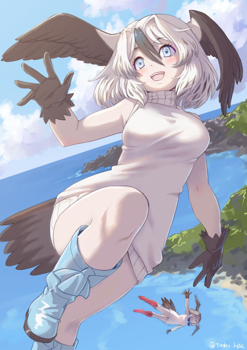 2girls, arms_up, bare_shoulders, bird_girl, bird_tail, bird_wings, blue-footed_booby_(kemono_friends), blue_eyes