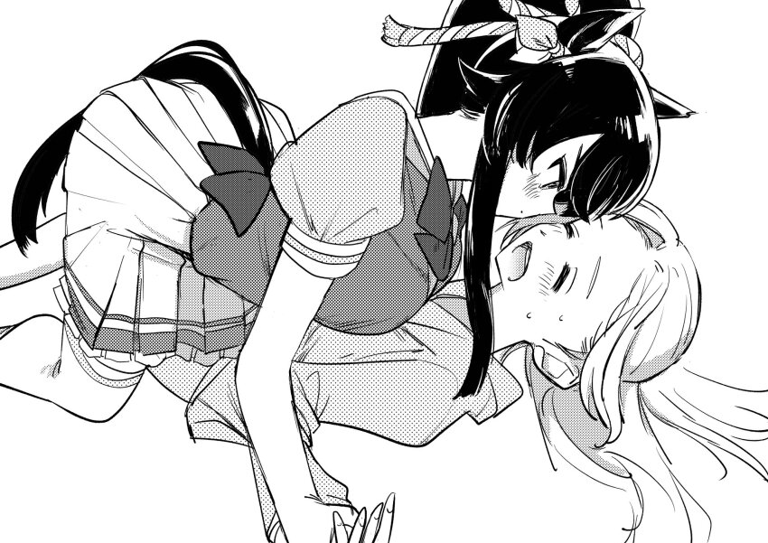 2girls, animal_ears, blush, bow, bowtie, breasts, closed_eyes, commentary_request, female_trainer_(umamusume), greyscale, highres, holding_another's_wrist, horse_ears, horse_girl, large_breasts, long_hair, looking_at_another, monochrome, multiple_girls, narita_brian_(umamusume), open_mouth, pleated_skirt, ponytail, school_uniform, shiotansushi, skirt, smile, sweat, thighhighs, tracen_school_uniform, trainer_(umamusume), umamusume, yuri