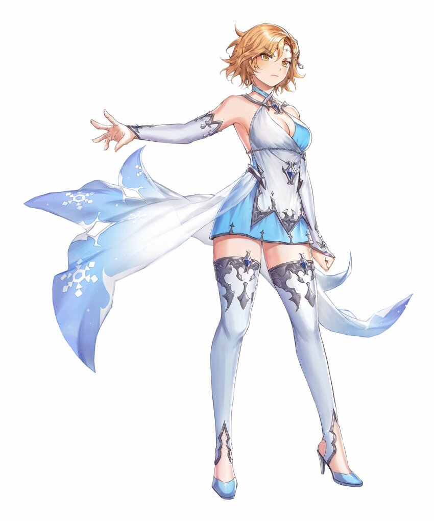 1girl, artist_request, blue_dress, blue_gem, blue_shoes, breasts, brown_eyes, brown_hair