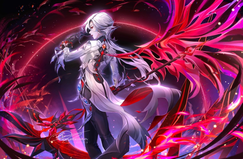 1girl, arlecchino_(genshin_impact), artist_name, black_background, black_hands, black_pants, coat, colored_extremities