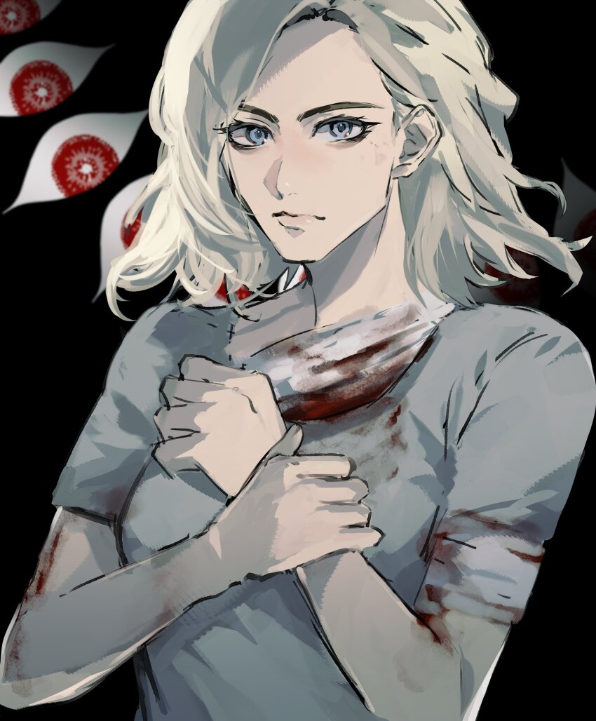 1girl, absurdres, bandaged_arm, bandaged_neck, bandages, black_background, blonde_hair, breasts