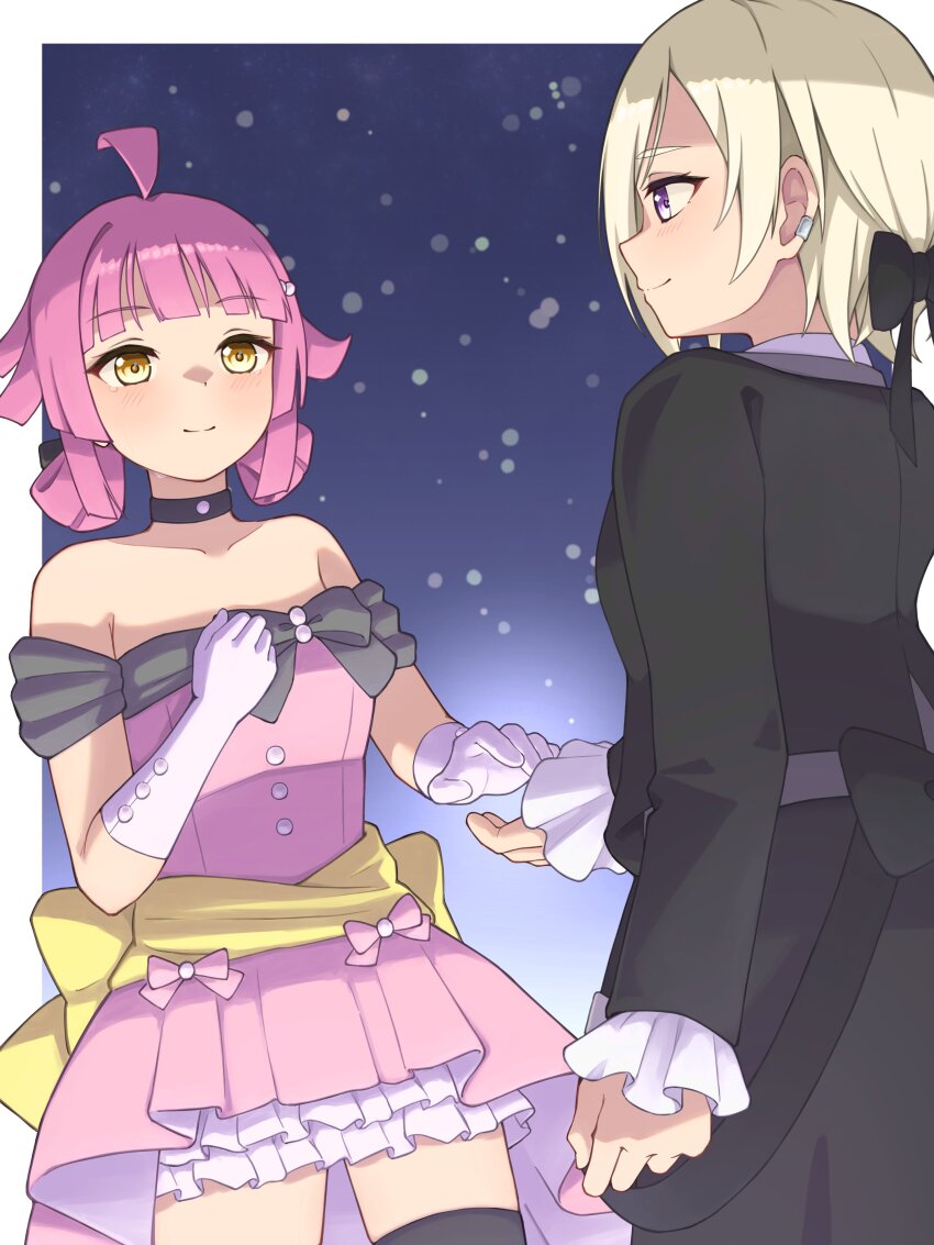 2girls, absurdres, ahoge, armpit_crease, bare_shoulders, black_bow, black_jacket, black_thighhighs