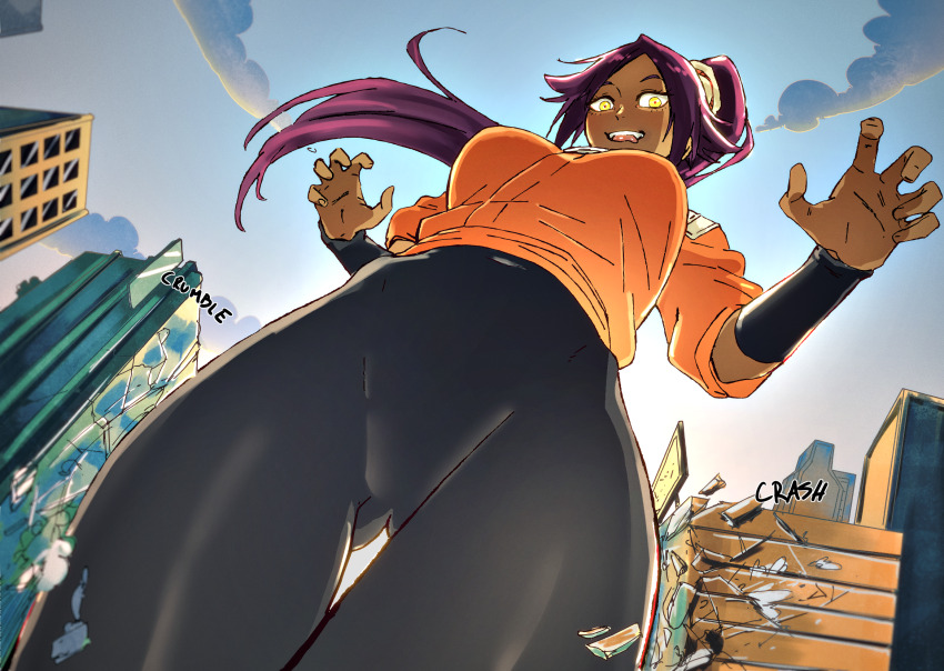 1girl, bleach, breasts, city, cloud, curvy, dark-skinned_female, dark_skin