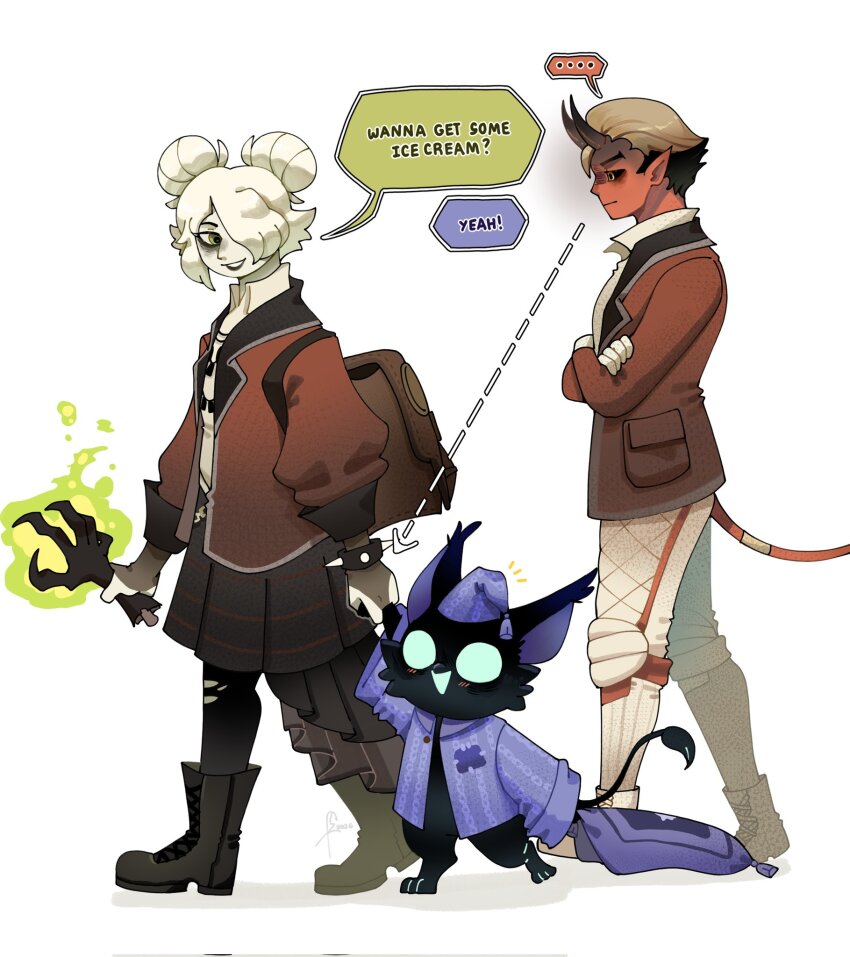 1girl, 2boys, animal_feet, annoyed, apollo_(deadlock), arrow_(symbol), backpack, bag, bags_under_eyes, black_boots, black_fur, black_hair, black_lips, black_sclera, black_skirt, blazer, blonde_hair, blue_eyes, blush, boots, bracelet, brown_bag, colored_sclera, colored_skin, crossed_arms, deadlock_(game), demon_horns, dotted_line, double_bun, fencing_suit, fingerless_gloves, gloves, graves_(deadlock), green_eyes, hair_bun, hair_over_one_eye, hat, highres, holding_hands, holding_limb, horns, jacket, jewelry, multicolored_hair, multiple_boys, necklace, nightcap, pajamas, pantyhose, patch, patterned_clothing, pointy_ears, purple_ears, purple_pajamas, purple_pillow, red_skin, rem_(deadlock), saltypokerface, school_uniform, severed_hand, shirt, signature, skirt, solid_circle_eyes, speech_bubble, spiked_bracelet, spikes, tail, tail_ornament, torn_clothes, torn_pantyhose, two-tone_hair, white_background, white_gloves, white_hair, white_shirt, yellow_eyes