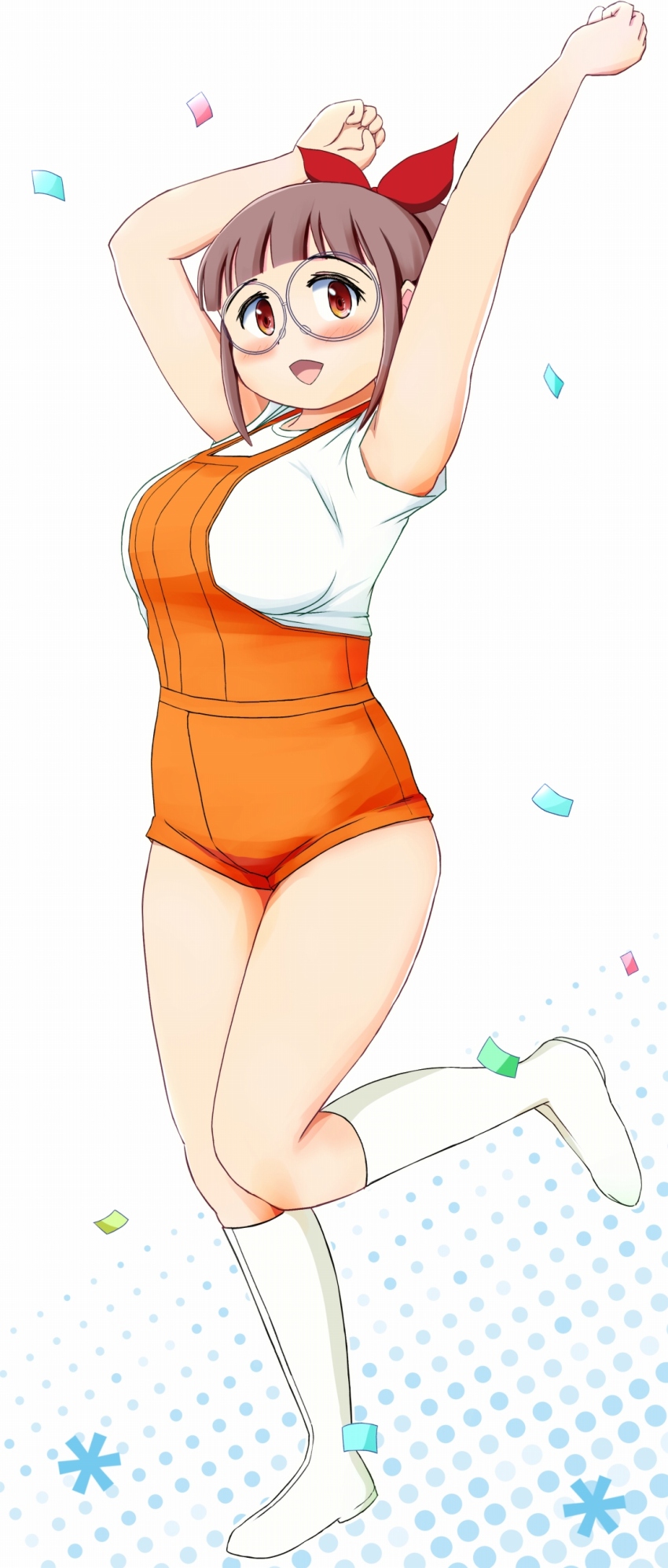 1girl, :d, absurdres, arms_up, boots, bow, breasts, brown_hair