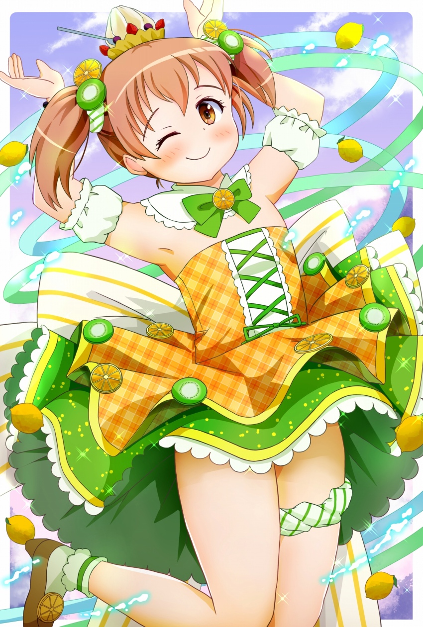 1girl, arms_up, bow, bowtie, brown_eyes, brown_hair, commentary_request, dress