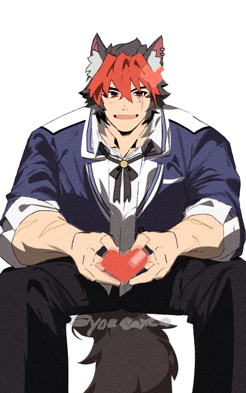 ai_manato, animal_ears, artist_name, black_pants, blue_suit, brown_hair, commentary_request, dog_ears