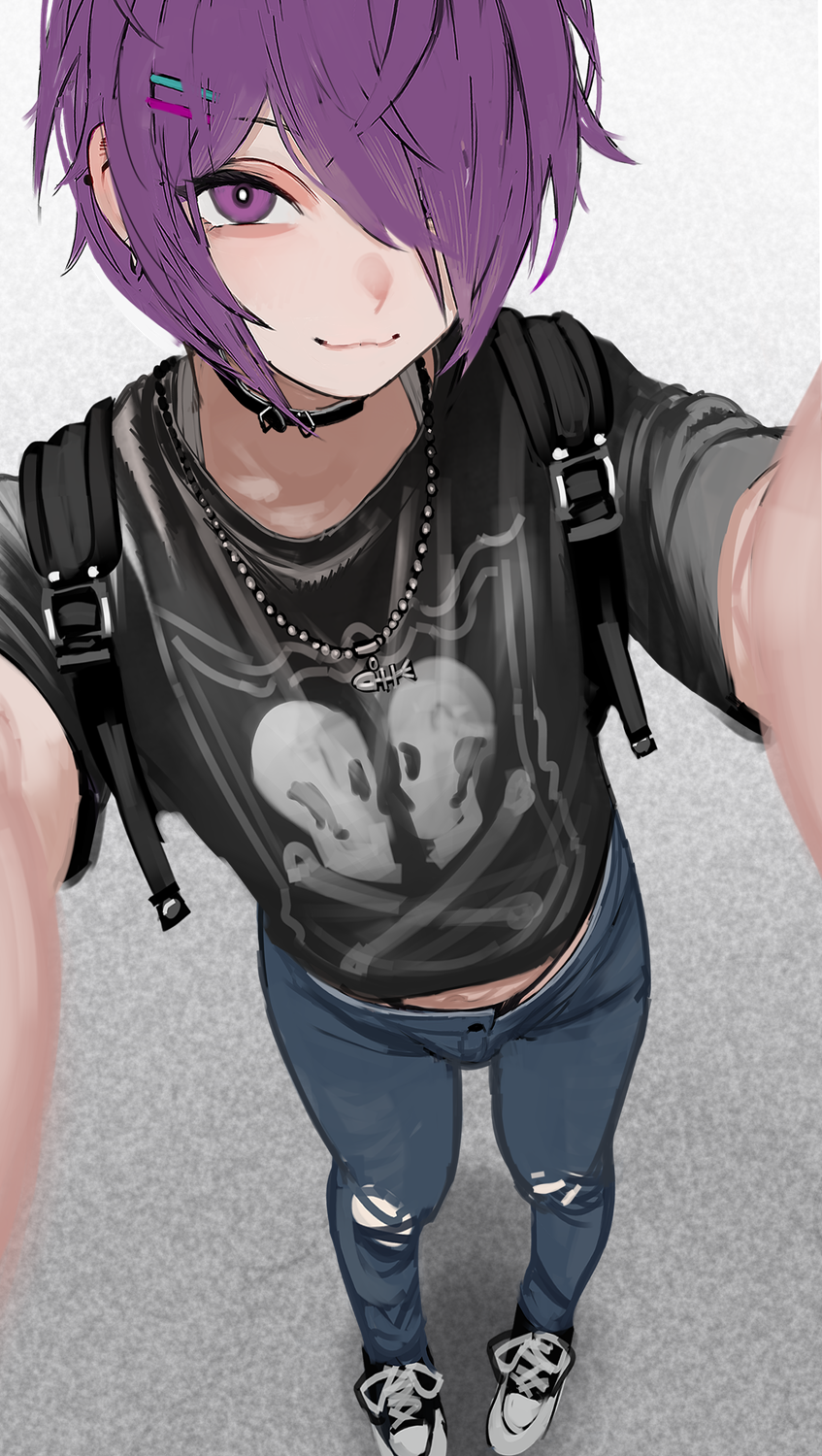 1boy, 2n5, backpack, bag, blue_pants, borrowed_character, bright_pupils, choker