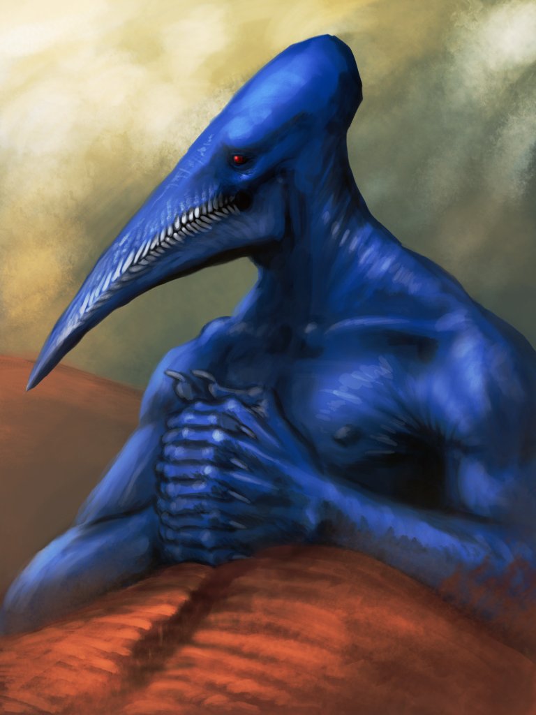 1other, ahmonza, beak, blue_skin, colored_skin, commentary, desert, english_commentary