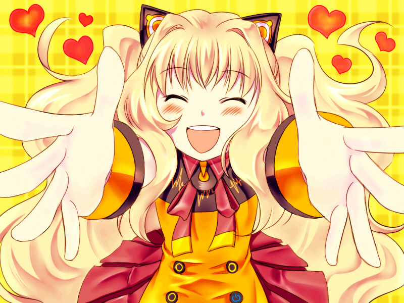 1girl, animal_ears, blonde_hair, blush, cat_ears, closed_eyes, heart, rye_(yuetsuki), seeu, smile, vocaloid, yuetsuki