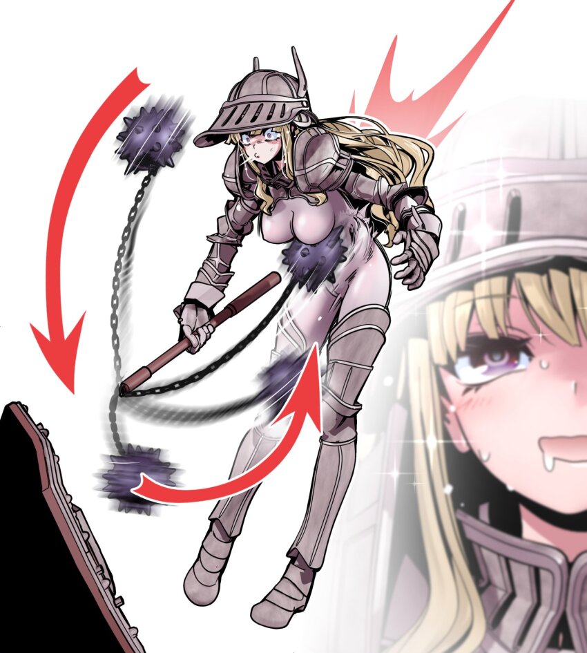1girl, armor, armored_boots, ball_and_chain_(weapon), black_bodysuit, blonde_hair, bodysuit, boots, breasts, constricted_pupils, covered_erect_nipples, different_zoom_layer, drooling, gauntlets, hair_spread_out, helmet, highres, holding, holding_ball_and_chain_(weapon), holding_weapon, leotard, long_hair, looking_at_viewer, masochism, original, pink_eyes, profile, purple_eyes, purple_leotard, rabbit_girl, rabbit_tail, saliva, sato_yoshimi, self-harm, shoulder_armor, simple_background, solo, sparkle, spiked_ball_and_chain, spit_take, spitting, spread_fingers, sweat, tail, weapon, white_background, zoom_layer
