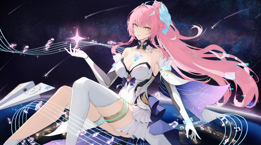 1girl, absurdres, aemeath_(wuthering_waves), bare_shoulders, beamed_eighth_notes, breasts, cleavage, closed_mouth