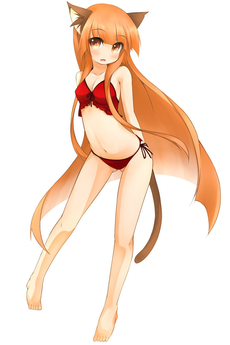 1girl, animal_ears, barefoot, beigu, bikini, breasts, cat_ears, cat_tail