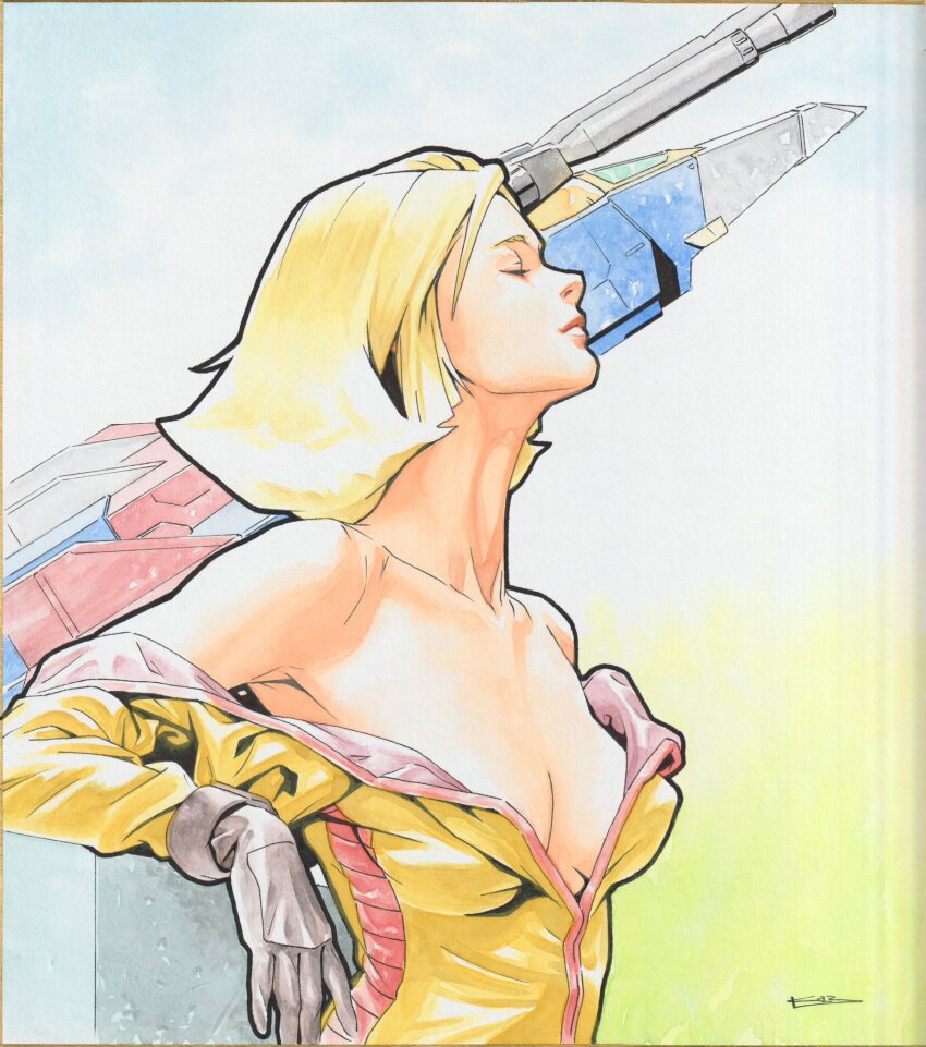 1girl, bare_shoulders, beam_cannon, blonde_hair, breasts, cleavage, closed_mouth, collarbone