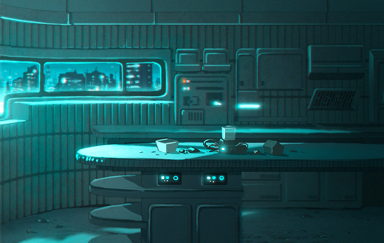 apartment, bowl, cabinet, city_lights, cityscape, coruscant, counter, machine, mosuke_2, night, science_fiction, shelf, star_wars, star_wars:_andor, table, trash, window