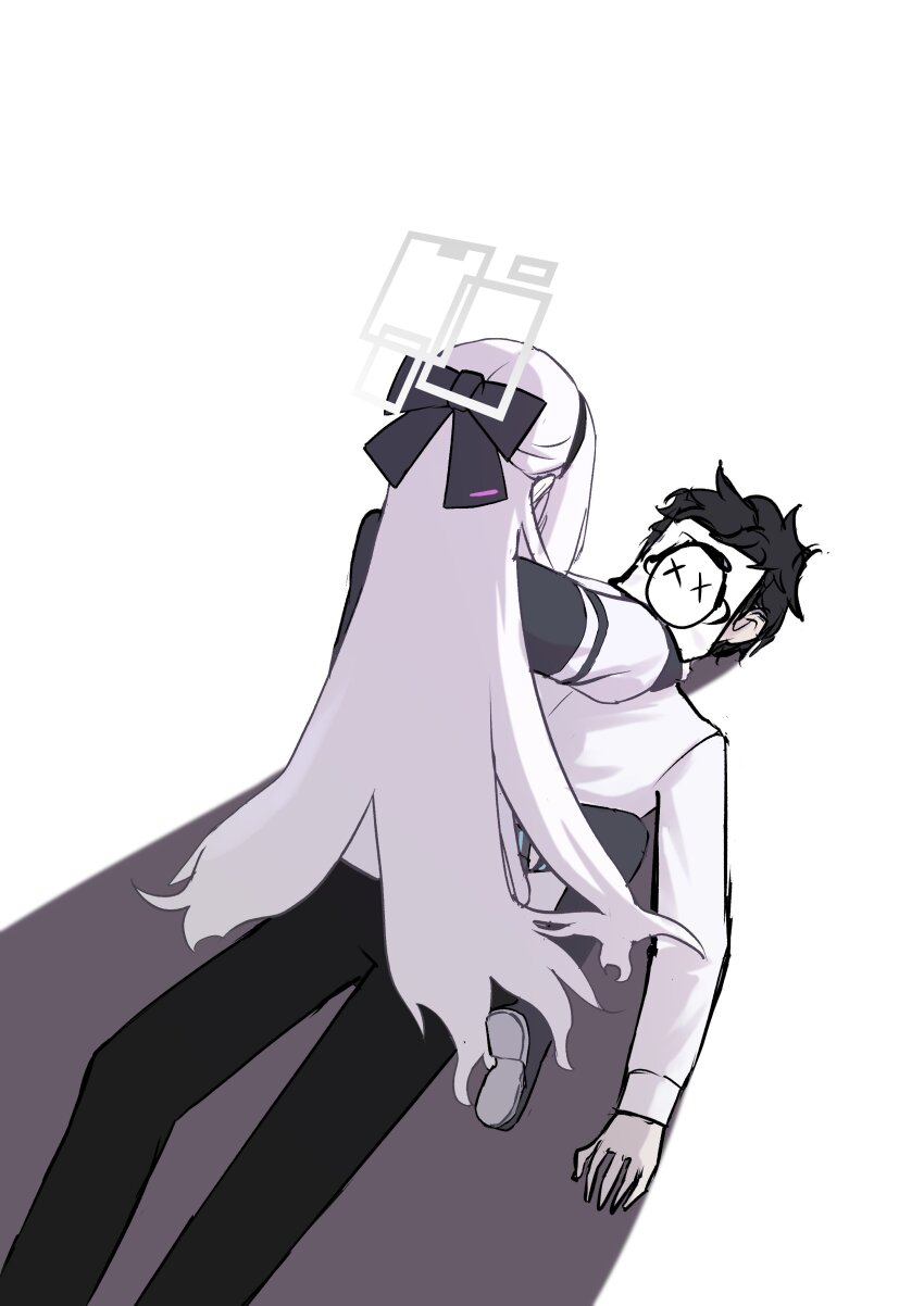 1boy, 1girl, absurdres, black_bow, black_hair, black_pants, black_thighhighs, blue_archive