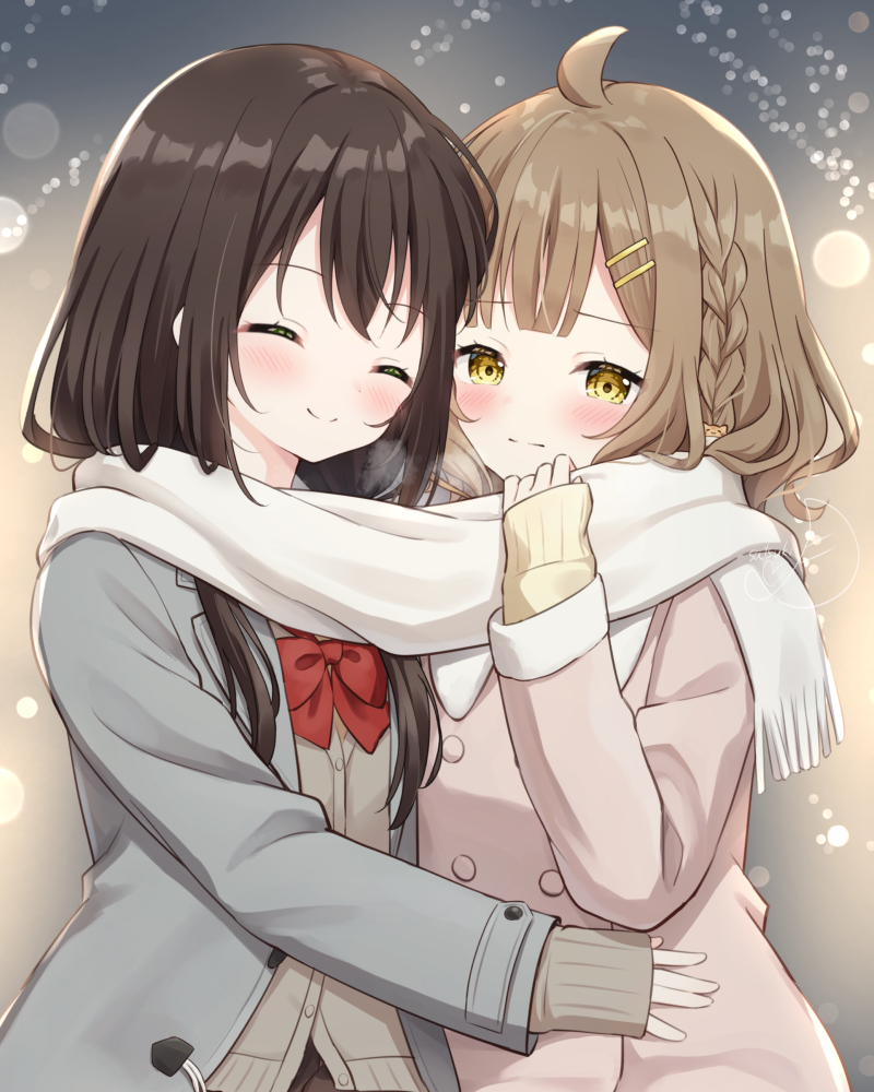 2girls, :|, ^_^, blurry, blush, bokeh, bow, bowtie, braid, breath, brown_hair, buttons, cardigan, chiyo_(hanazora_satsuki), closed_eyes, closed_mouth, coat, commentary_request, depth_of_field, double-breasted, embarrassed, grey_background, grey_cardigan, grey_coat, hair_ornament, hairclip, hanazora_satsuki, hug, long_sleeves, medium_hair, multiple_girls, open_clothes, open_coat, original, parallel_hairclips, pink_coat, red_bow, red_bowtie, scarf, school_uniform, shared_clothes, shared_scarf, shiyuri_(hanazora_satsuki), side_braid, sleeves_past_wrists, smile, split_mouth, upper_body, yellow_eyes, yellow_scarf, yuri