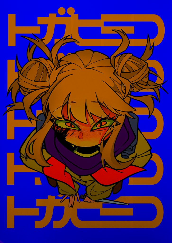 blood, boku_no_hero_academia, crazy_eyes, eyelashes, eyeliner, hair_bun, knife, laughing, makeup, maniacal_laughter, saragi_1111, school_uniform, toga_himiko