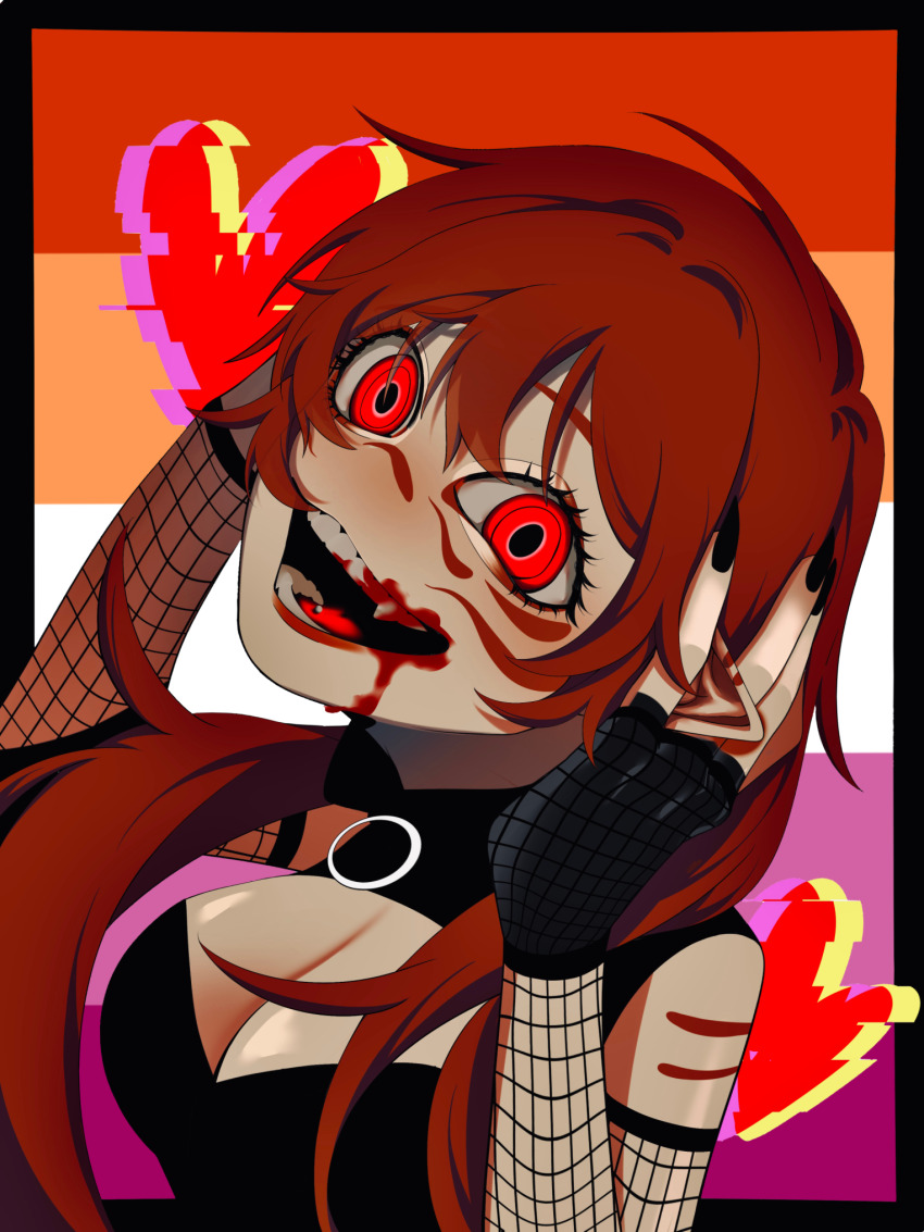 @_@, arm_tattoo, blood, blood_on_face, facial_tattoo, fingerless_gloves, gloves, heart, mewgen, nail_polish, piercing, pointy_ears, red_eyes, red_hair, saragi_1111, tattoo, tongue_piercing, vampire