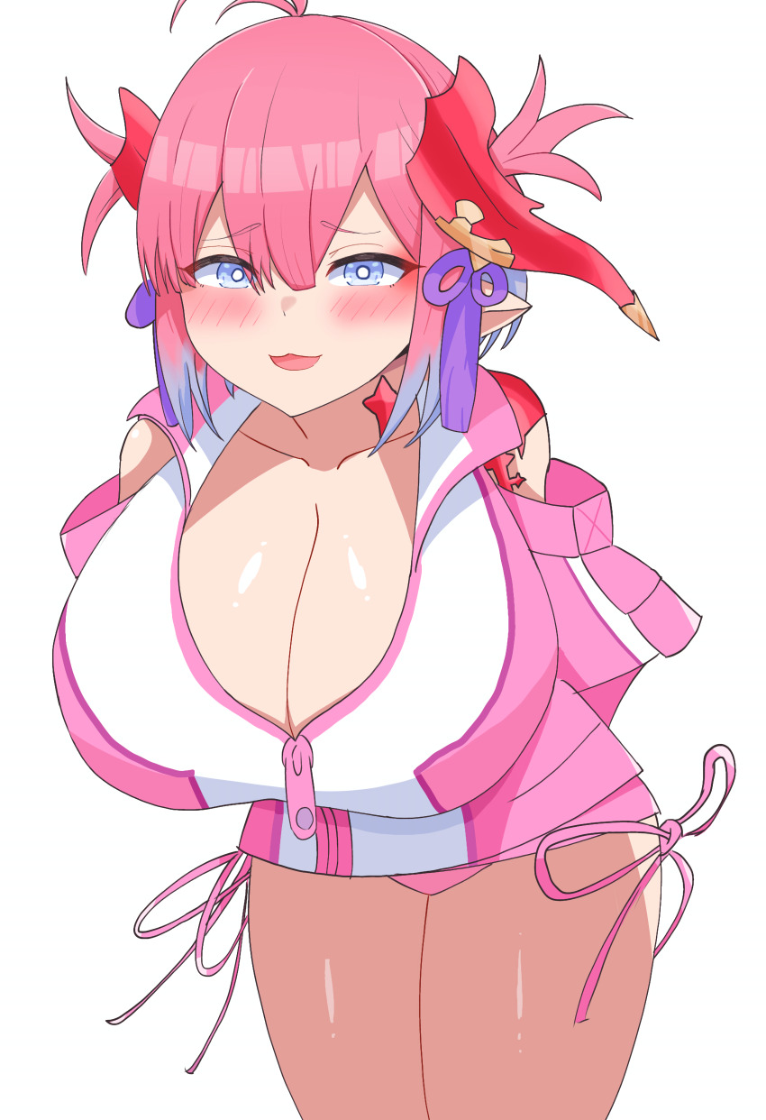 :3, absurdres, ahoge, alternate_costume, arms_behind_back, blue_eyes, blush, breasts, chichiinari, chichiri, cleavage, commentary_request, cosplay, granblue_fantasy, hair_ornament, highres, huge_breasts, jacket, leaning_forward, looking_at_viewer, open_mouth, oversized_zipper, passionlip_(fate), passionlip_(fate)_(cosplay), passionlip_(swimsuit_saber)_(first_ascension)_(fate), pink_jacket, thighs, twintails, zipper