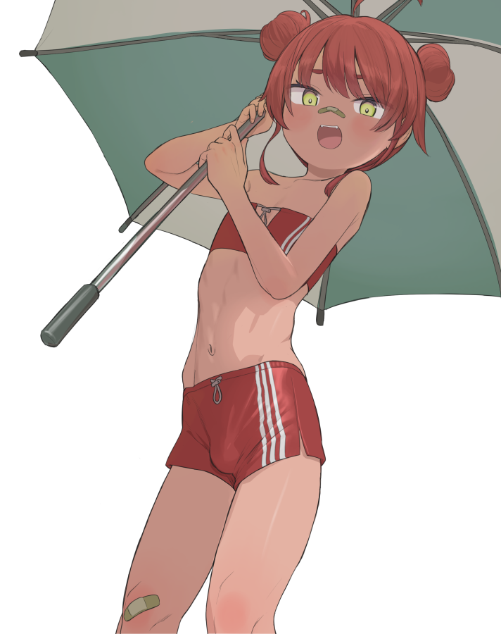 1boy, airy_production, bandaid, bandaid_on_face, bandaid_on_leg, bandaid_on_nose, bulge, commentary_request