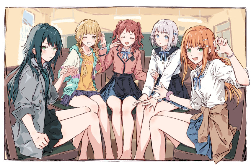 5girls, :d, :o, ^_^, black_skirt, blonde_hair, blue_ribbon, blue_skirt